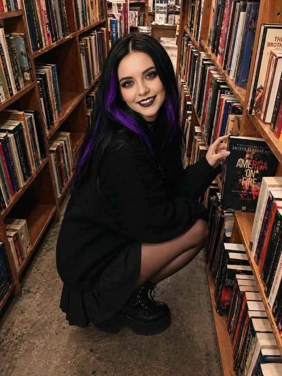 Sophia crouching beside shelves filled with books.