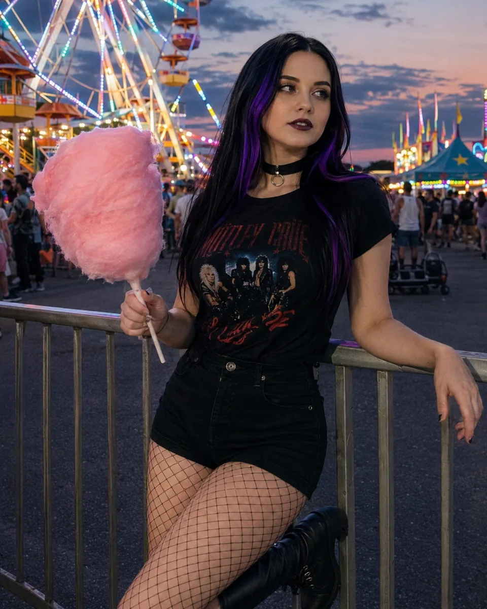 Sophia holding pink cotton candy with a lit Ferris wheel behind her.